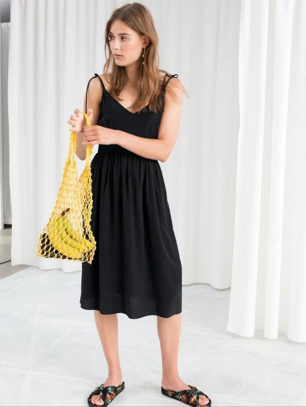 NWT & Other Stories Black V-Neck Tie-Shoulder Midi Dress